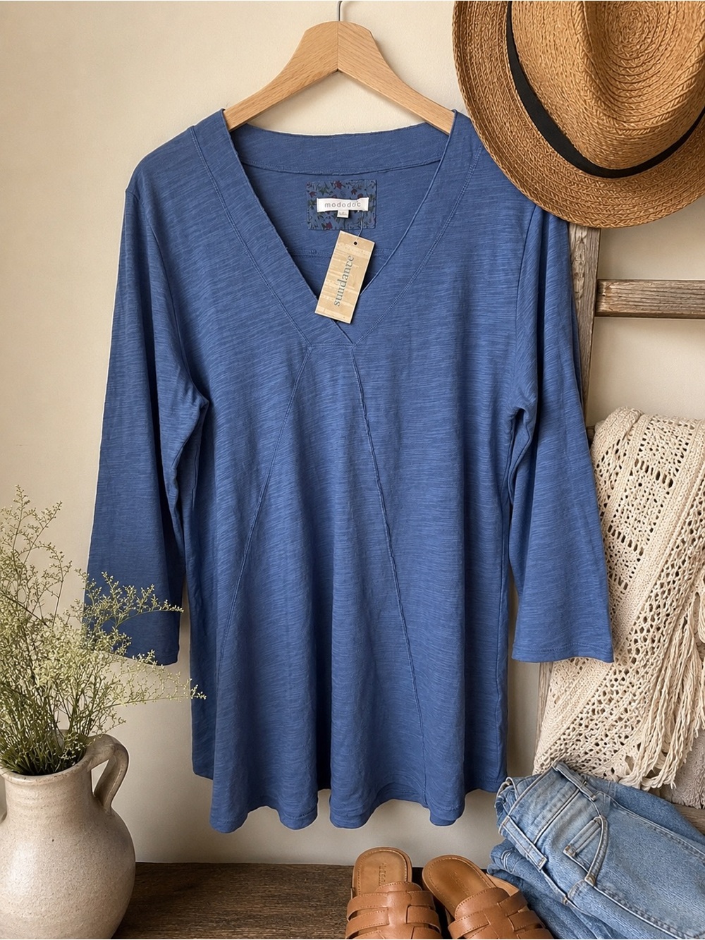 NWT Sundance Mododoc Everyday Essential 3/4 Sleeve Slub Knit Tee in Denim Blue